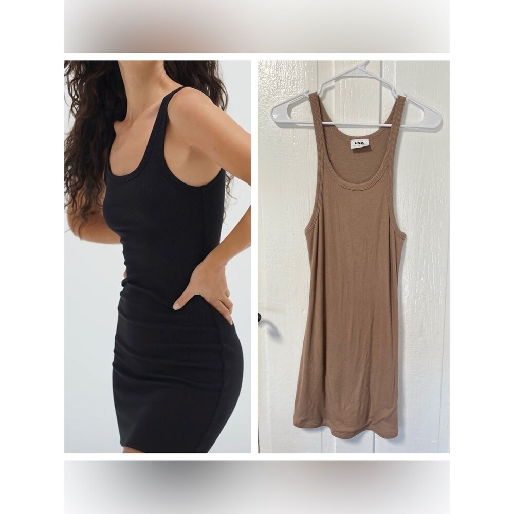 LNA Timeless Ribbed Tank Dress Camel Brown Tan Stretch Fitted  Dress Size Medium